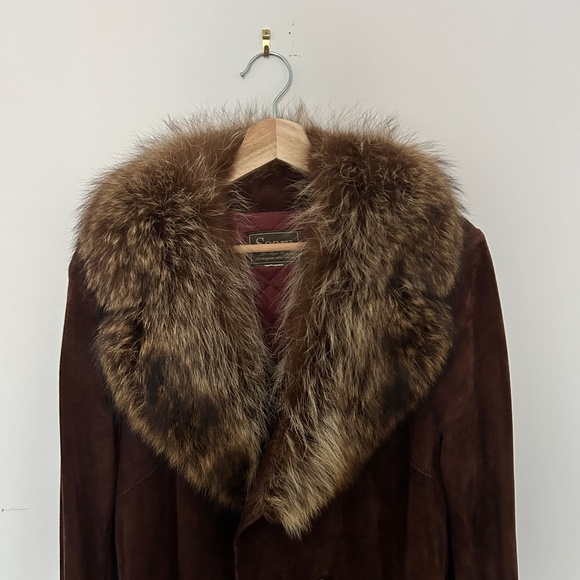 Vintage Long Brown Suede Fur collar Trench Coat - Picture 3 of 6